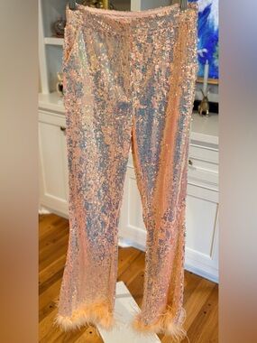 Nasty Gal Peachy Pink Satin-Lined Sequin Flared Pants w/ Feathers & Pockets